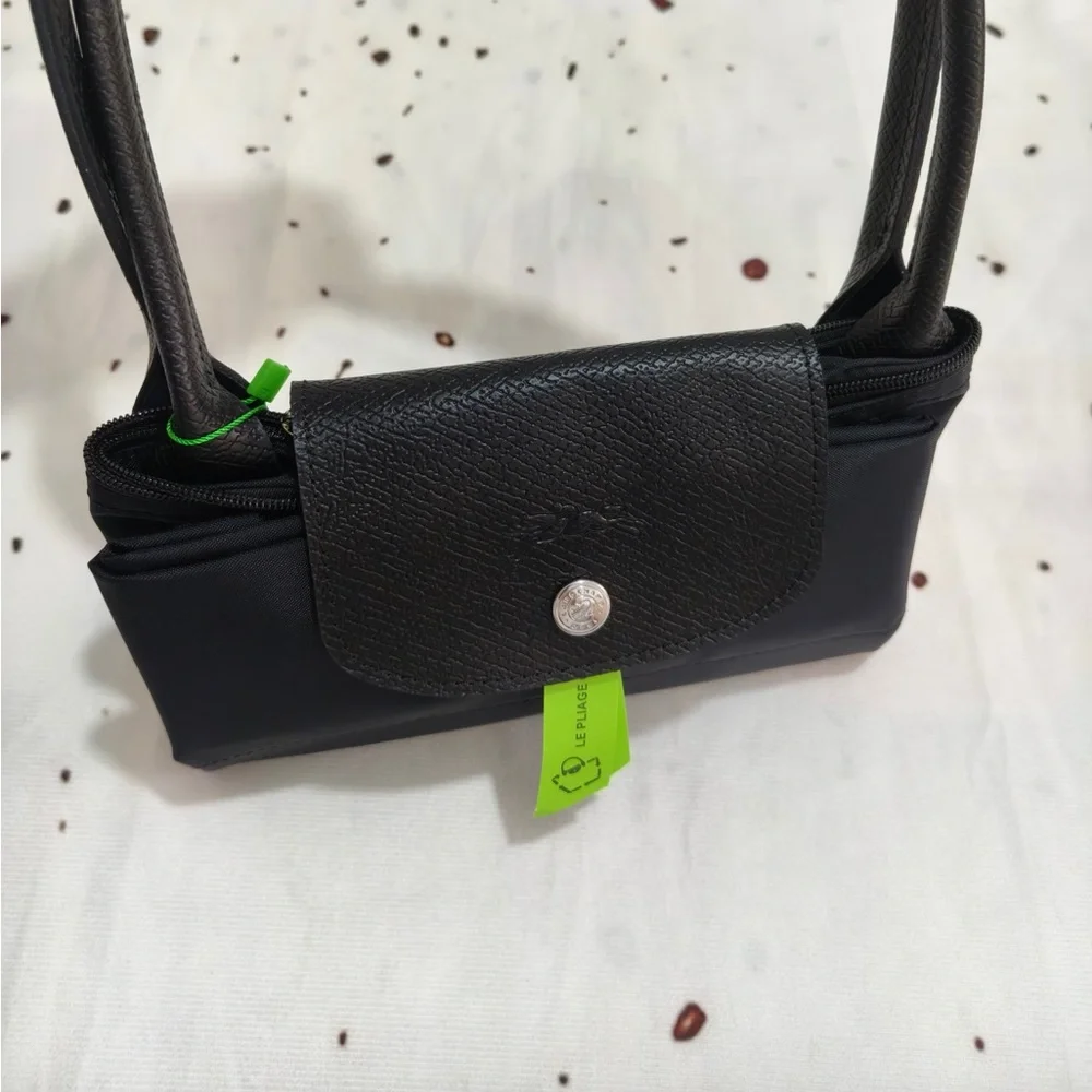 Longchamp Black Tote with Neon Green Trim